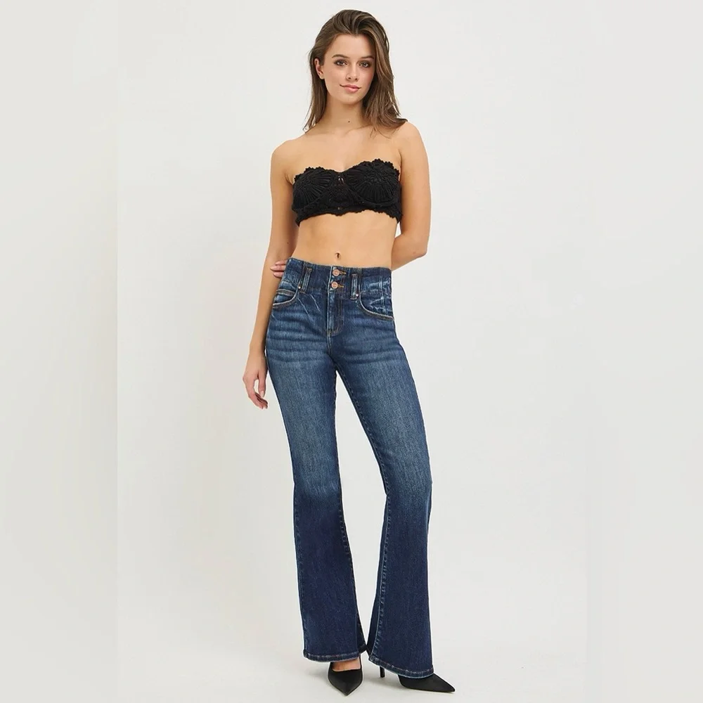 RISEN High Rise Flare Jeans With Seam Detail Waistband - Picture 3 of 7